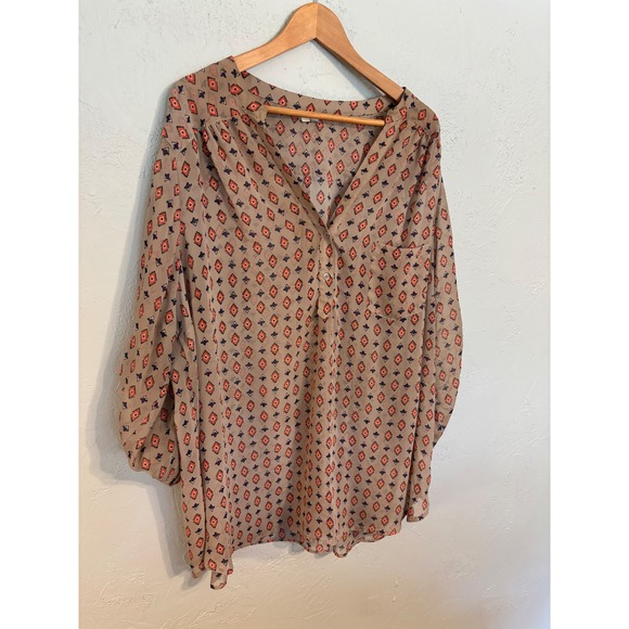 Pleione Tops - Pleione Womens 3X Tan Geometric Diamond Print Roll Tab Sleeve Blouse Top
